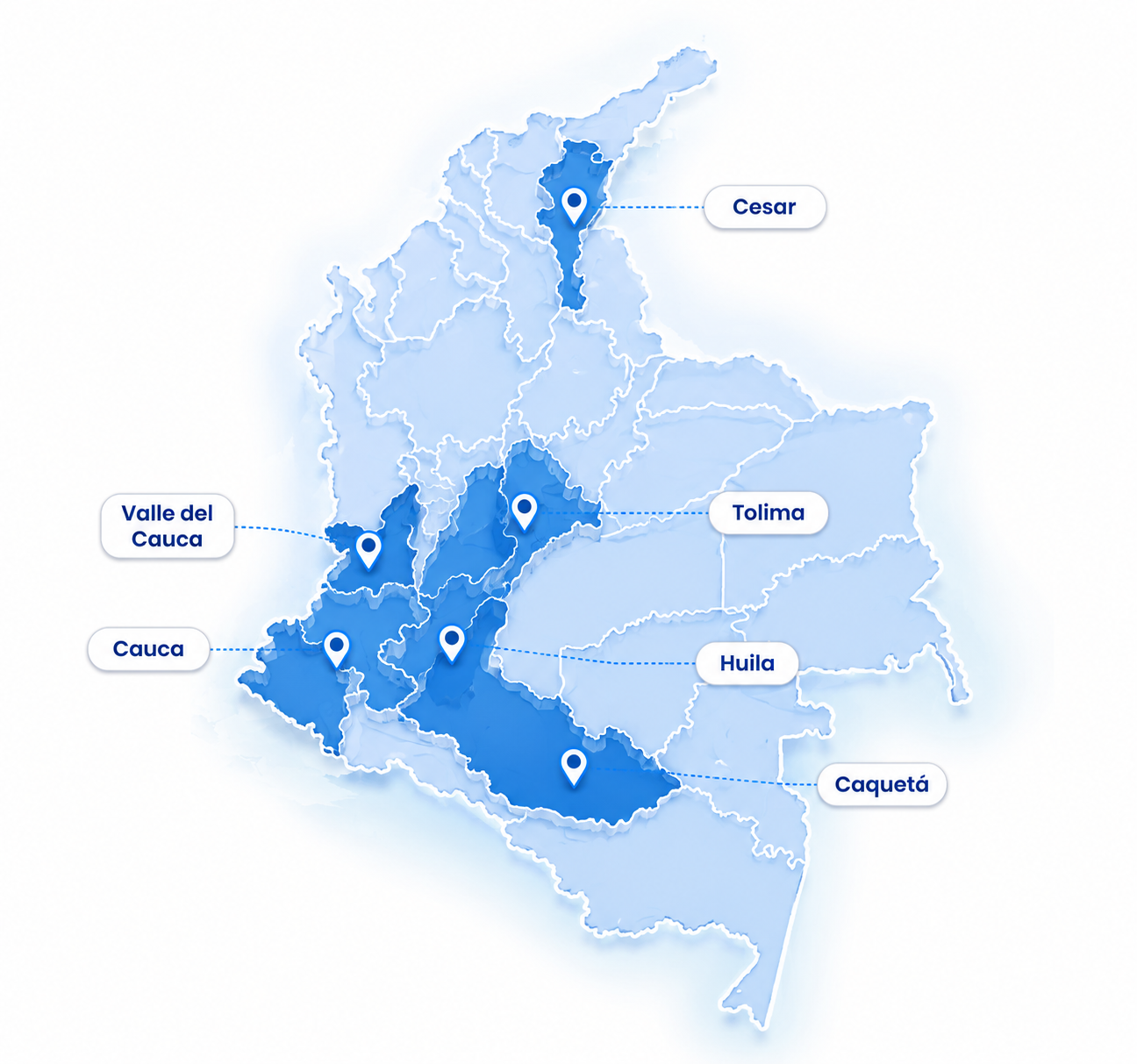 Mapa de presencia comercial de Delvag Pharma en Colombia: Huila, Tolima, Caquetá, Valle del Cauca, Cauca y Cesar